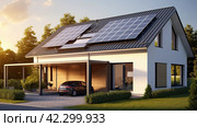 A cozy country house powered by solar panels. The energy of the future. Стоковое AI-изображение, AI-художник Ярославский Максим / Фотобанк Лори