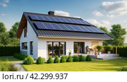 A house with solar panels on the roof, representing a transition to renewable energy sources in residential areas. Стоковое AI-изображение, AI-художник Ярославский Максим / Фотобанк Лори
