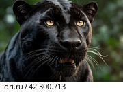 Up close and personal with black panther puma, natural habitat. Showcasing fierce and serious gaze as wild predator in exotic natural world. Animal themes wildlife concept. Copy ad text space. Gen Ai. Стоковое AI-изображение, AI-художник Aleksandr Golubev / Фотобанк Лори