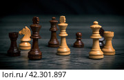 Various chess pieces arranged in a row on a wooden background. Стоковое фото, фотограф Александр Калугин / Фотобанк Лори