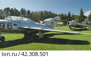 A MiG-15 fighter jet in an aviation museum. The Soviet MiG-15 fighter jet fighter was developed in the USSR. It was used by many air forces around the world. Стоковое видео, видеограф Воловодов Владимир / Фотобанк Лори