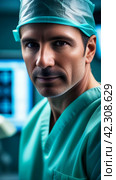 Мужчина хирург в операционной.А male surgeon in operating room.American clinic. Стоковое AI-изображение, AI-художник Галина Беляева / Фотобанк Лори