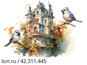 Fairytale bird on the background of the castle, book illustration style of children's fairy tales watercolor,Generative AI. Стоковое AI-изображение, AI-художник Анна Кривицкая / Фотобанк Лори