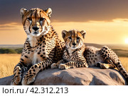 Cheetah and cub resting on african savannah hilltop. Mother guepard and her cub lounging on grassy hill, surveying african savannah. Nature animal wildlife concept. Copy ad text space. Generated Ai. Стоковое AI-изображение, AI-художник Aleksandr Golubev / Фотобанк Лори