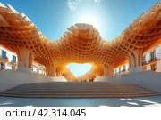 Contemporary modern symmetrical structure of metropole parasol roof in square with historical buildings under sunny sky on summer day. Стоковое AI-изображение, AI-художник Ирина Михайличенко / Фотобанк Лори