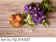 A bouquet with narcissus and irises, nest and eggs in vintage style. Стоковое фото, фотограф Татьяна Ляпи / Фотобанк Лори