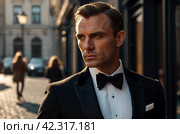 Pensive stylish man in tuxedo and bow tie posing at urban street, thought look. Portrait of confident fashionable young guy businessman in tux outside, lux image James Bond style. Copy ad text space. Стоковое AI-изображение, AI-художник Aleksandr Golubev / Фотобанк Лори