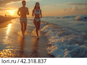 Full body couple young two friends strong sporty sportswoman sportsman woman man in sport clothes warm up training run on sand sea ocean beach outdoor jog on seaside in summer day morning. Стоковое AI-изображение, AI-художник Ирина Михайличенко / Фотобанк Лори
