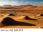 Panorama of landscape Sahara desert, sand mountains and stones sunny day. View of expanses of desert hills with sand, vegetation and blue sky, Sahara, Africa. Copy ad text space. Стоковое AI-изображение, AI-художник Aleksandr Golubev / Фотобанк Лори