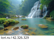 Aerial view Tat Kuang Si Waterfall in Luang Prabang, Laos, Beautiful waterfall in jungle tropical rainforest and wooden bridge at Tat Kuang Si, Luang Prabang, Laos. Стоковое AI-изображение, AI-художник Ирина Михайличенко / Фотобанк Лори