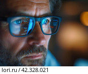 Focused Analyst Reviewing Market Data on Screens. Стоковое AI-изображение, AI-художник Кирилл Черезов / Фотобанк Лори