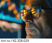 Focused Analyst Reviewing Market Data on Screens. Стоковое AI-изображение, AI-художник Кирилл Черезов / Фотобанк Лори