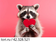 Cute happy raccoon smiling and holding a red heart, Valentines day background, Looking for girlfriend, Isolated on a rad studio background, Isolated on red background, Love concept. Стоковое AI-изображение, AI-художник Евгений Демидюк / Фотобанк Лори
