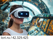 Young woman immersed in gaming virtuality using virtual reality headset. Стоковое AI-изображение, AI-художник Евгений Харитонов / Фотобанк Лори