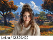 Young woman on pixelated digital colorful background, immersion in gaming virtual reality. Стоковое AI-изображение, AI-художник Евгений Харитонов / Фотобанк Лори