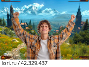 Young man dissolves in a pixelated gaming digital reality. Стоковое AI-изображение, AI-художник Евгений Харитонов / Фотобанк Лори