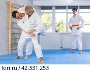 Mature men working on martial arts techniques and maneuvers in training fight. Стоковое фото, фотограф Яков Филимонов / Фотобанк Лори