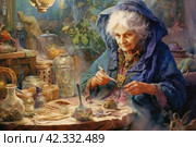 Old gray-haired woman witch brews a potion, watercolor, illustration, watercolor style, Generative AI. Стоковое AI-изображение, AI-художник Анна Кривицкая / Фотобанк Лори