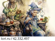 Old gray-haired woman witch brews a potion, watercolor, illustration, watercolor style, Generative AI. Стоковое AI-изображение, AI-художник Анна Кривицкая / Фотобанк Лори