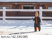 Portrait of a little boy in a yellow hat. The child runs through puddles on the farm, has fun and plays. It's a sunny day. Early spring. The first drop. Стоковое фото, фотограф Photojuli / Фотобанк Лори