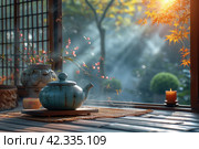 Chinese Ceremony. Brown ceramic pot and brown cup .Green tea on bamboo mat, aged wooden table. Japanese Tea - Hot Teapot And Teacups On Bamboo Mat. Стоковое AI-изображение, AI-художник Ирина Михайличенко / Фотобанк Лори