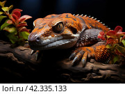 Lizard on a branch and a dark background from behind, close-up,Generative AI. Стоковое AI-изображение, AI-художник Анна Кривицкая / Фотобанк Лори