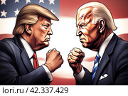 Выборы президента США, Дональд Трамп и Джозеф Байден на фоне американского флага. Редакционное AI-изображение, AI-художник Татьяна Бакуменко / Фотобанк Лори