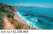 Azure beach landscape, sea beauty, Images for Booklets, advertising of Travel agencies. Стоковое AI-изображение, AI-художник Ирина Ручушкина / Фотобанк Лори