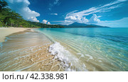 Azure beach landscape, sea beauty, Images for Booklets, advertising of Travel agencies. Стоковое AI-изображение, AI-художник Ирина Ручушкина / Фотобанк Лори