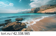 Azure beach landscape, sea beauty, Images for Booklets, advertising of Travel agencies. Стоковое AI-изображение, AI-художник Ирина Ручушкина / Фотобанк Лори