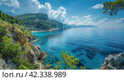 Azure beach landscape, sea beauty, Images for Booklets, advertising of Travel agencies. Стоковое AI-изображение, AI-художник Ирина Ручушкина / Фотобанк Лори