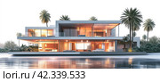 Modern new-built villa drawing. Illustration. Construction, real-estate concept. Стоковое AI-изображение, AI-художник Alexander Tihonovs / Фотобанк Лори