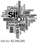 Typography, background, lot of words in spanish language, typical phrases collage. Black color on white background. Стоковое AI-изображение, AI-художник Alexander Tihonovs / Фотобанк Лори