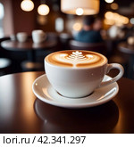 Cup of coffee in cafe. Anamorphic bokeh effect. Tilt-shift photo. Hot coffee in a white cup. The coffee is getting cold. Aroma of coffee beans. Label or advertisement. Foam. Стоковое AI-изображение, AI-художник Юлия Петровская / Фотобанк Лори
