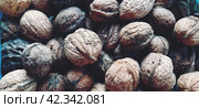 Walnuts close-up. Harvest of nuts. Walnut fruits, rounded large single single-seeded drupes. A healthy diet that includes glycerides of linoleic, oleic, stearic, palmitic and linolenic acids. Стоковое фото, фотограф Юлия Петровская / Фотобанк Лори