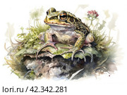 Watercolor illustration of a green frog sitting on a flower bed..,Generative AI. Стоковое AI-изображение, AI-художник Анна Кривицкая / Фотобанк Лори