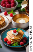 Pancakes with raspberry and milk in a mug,mint leaf.Масленица.Оладьи,блинчики с малиной,сметаной,творог. Стоковое AI-изображение, AI-художник Галина Беляева / Фотобанк Лори