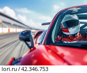 Race Car Driver in Action on Track. Стоковое AI-изображение, AI-художник Кирилл Черезов / Фотобанк Лори