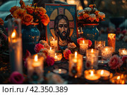 Icon of Christ amidst the light of candles and the beauty of flowers worshippers. Стоковое AI-изображение, AI-художник Юрий Поздников / Фотобанк Лори