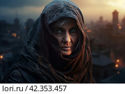 Audacious Hooded warrior woman. Generate Ai. Стоковое AI-изображение, AI-художник Иван Рябоконь / Фотобанк Лори