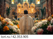 The priest lifts up the Paschal prayer in the heart of the church church: spiritual ascension in the name of faith and light. Стоковое AI-изображение, AI-художник Юрий Поздников / Фотобанк Лори