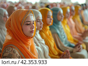 A Gathering of Believers in Prayer for Peace: Spiritual Unity Against a Common Call for Harmony and Well-Being. Стоковое AI-изображение, AI-художник Юрий Поздников / Фотобанк Лори