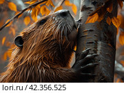 Бобр у дерева. Стоковое AI-изображение, AI-художник Щеголева Ольга / Фотобанк Лори