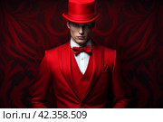 Striking Man red tuxedo at morning shot. Generate Ai. Стоковое AI-изображение, AI-художник Иван Рябоконь / Фотобанк Лори