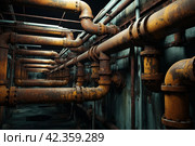 Corroded Rusty deteriorated pipes water system. Generate ai. Стоковое AI-изображение, AI-художник Иван Рябоконь / Фотобанк Лори
