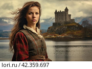 Traditional Scot woman skirt scottish castle. Generate Ai. Стоковое AI-изображение, AI-художник Иван Рябоконь / Фотобанк Лори