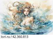 Watercolor painting of a beautiful mermaid with long hair in the sea. Стоковое AI-изображение, AI-художник Анна Кривицкая / Фотобанк Лори