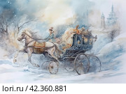 Horse-drawn carriage in the winter forest. Watercolor painting. Стоковое AI-изображение, AI-художник Анна Кривицкая / Фотобанк Лори