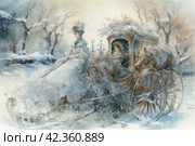 Horse-drawn carriage in the winter forest. Watercolor painting. Стоковое AI-изображение, AI-художник Анна Кривицкая / Фотобанк Лори