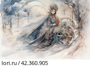 Watercolor painting of a beautiful girl in a fantasy dress with a carriage. Стоковое AI-изображение, AI-художник Анна Кривицкая / Фотобанк Лори